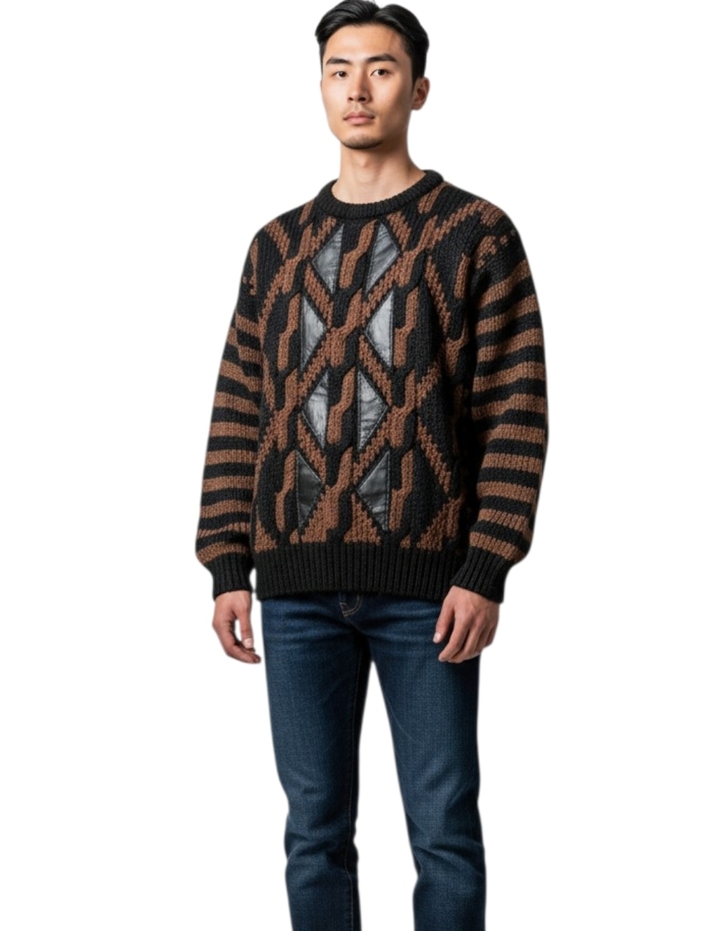 Vintage Retro Y2K Grandpa Sweater Knit Color Block Leather Chunky Fun Geo Style